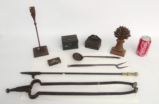 Misc. Lot: Misc. lot including firetools, tole boxes, painted matchsafe, candlestick etc.