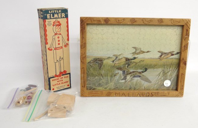 Toy Lot: Lot including vintage boxed toy "Little Elmer" and duck puzzle in orig. frame marked "MALLARDS".