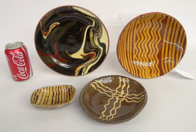 Redware Lot: Lot four pieces redware including soap dish, signed and dated 1978 Lester Breininger plate (8 1/2" Diameter), Greenfield Village Pottery plate (9" Diameter) and 7" plate marked illegibly.