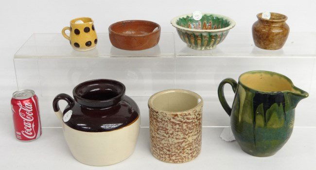 Pottery Lot: Lot seven pieces various pottery including redware, stoneware etc., imperfections. Includes signed Roseville jar.