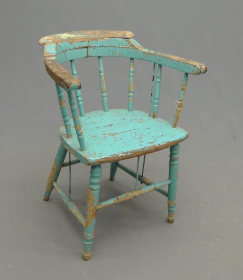 Windsor Chair: C. 1900's Windsor chair in worn blue paint. 18" Seat Ht. 30" Overall Ht.