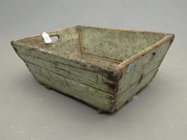 Dough Box: 19th c. canted dough box in old worn green paint. 28" W 10 1/2" Ht.