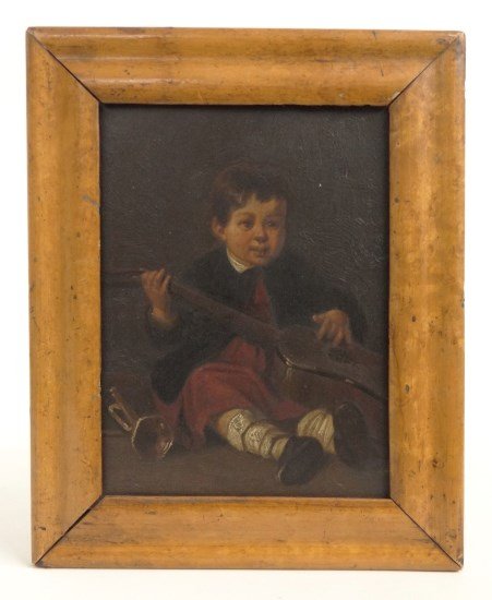 19th c. Painting Boy: 19th c. oil on panel boy with instruments in birdseye maple frame. Sight 7 1/2" x 5 1/2".