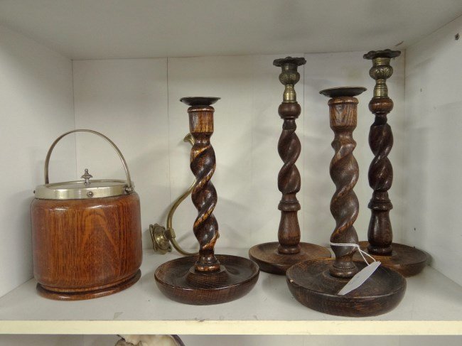 Misc. Lot: Misc. lot including two pair barleycorn twisted candlesticks, oak biscuit barrel and brass hook.