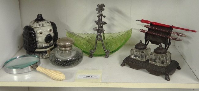Misc. Lot: Misc. lot including relish tray on stand, dog face humidor, magnifying glass and two inwells.