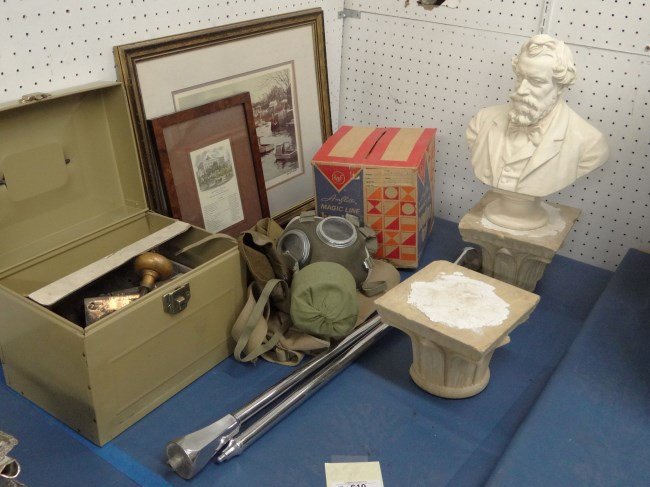 Misc. Lot: Box lot misc. hardware. prints, bowling ball, stone column bases and bust marked Schaper, gas mask etc.