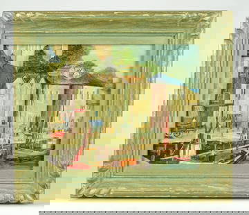 Painting: Emile Albert Grupp (1896-1978): Painting: Emile Albert Grupp (1896-1978), boats at dock, oil on masonite. 10" x 12", overall 15" x 17".