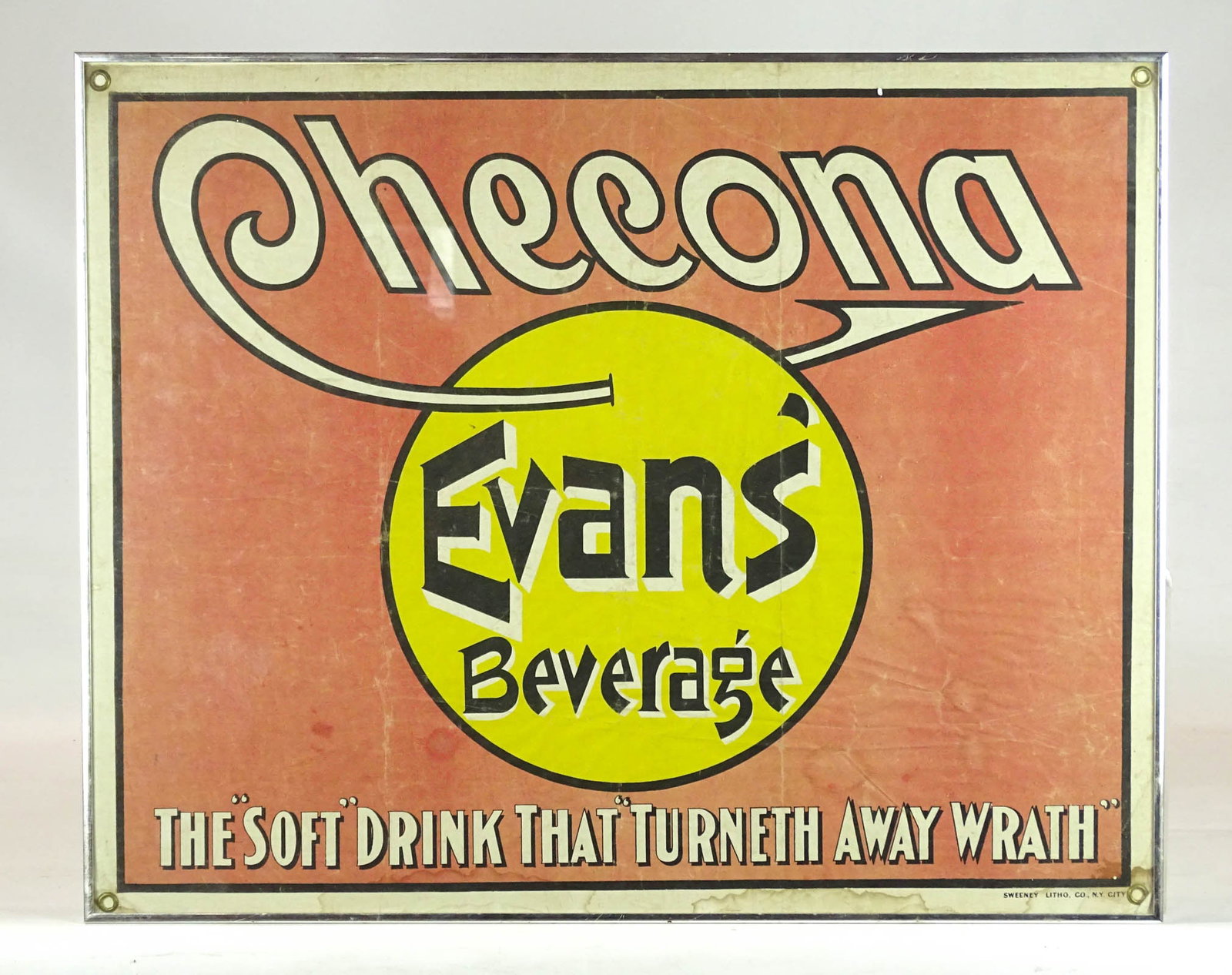 Vintage "Evan's Beverage" Banner: Vintage framed "Checona Evan's Beverage" banner. Overall in frame 24 1/2" x 30".
