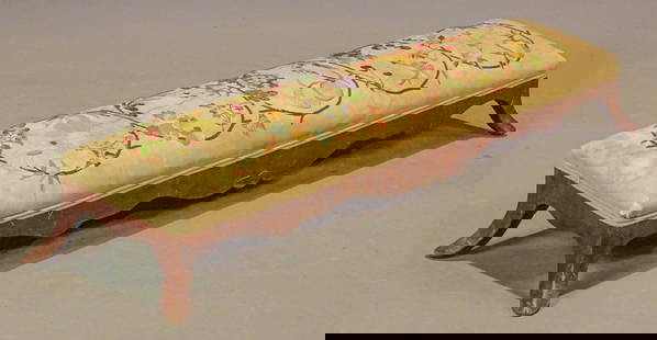 Hepplewhite Bench: Early 19th-century long Hepplewhite French bedside foot bench with crewelwork cover. 46" x 10", 7 " Ht.