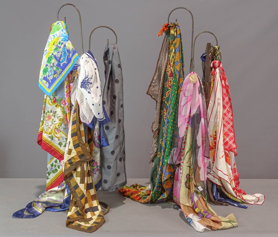 Pair of Scarf Racks: Pair of store scarf display racks, with scarves including: Bill Blass, Echo, Barr. 38 1/2" Ht.
