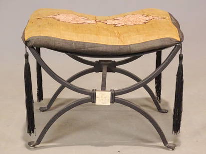 Wrought Iron Stool: Egyptian Revival wrought iron stool, with cushion. 20" x 13", 17" Ht.