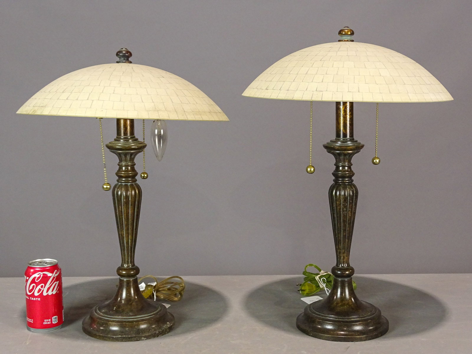 Pair of Table Lamps: Pair of table lamps, with cobblestone glass shades. 21 1/2" x 20" Ht.