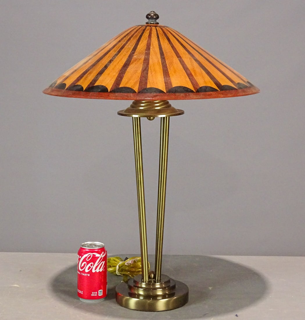 Table Lamp: Table lamp with four canted columns and copper color glass shade. 25" Ht.