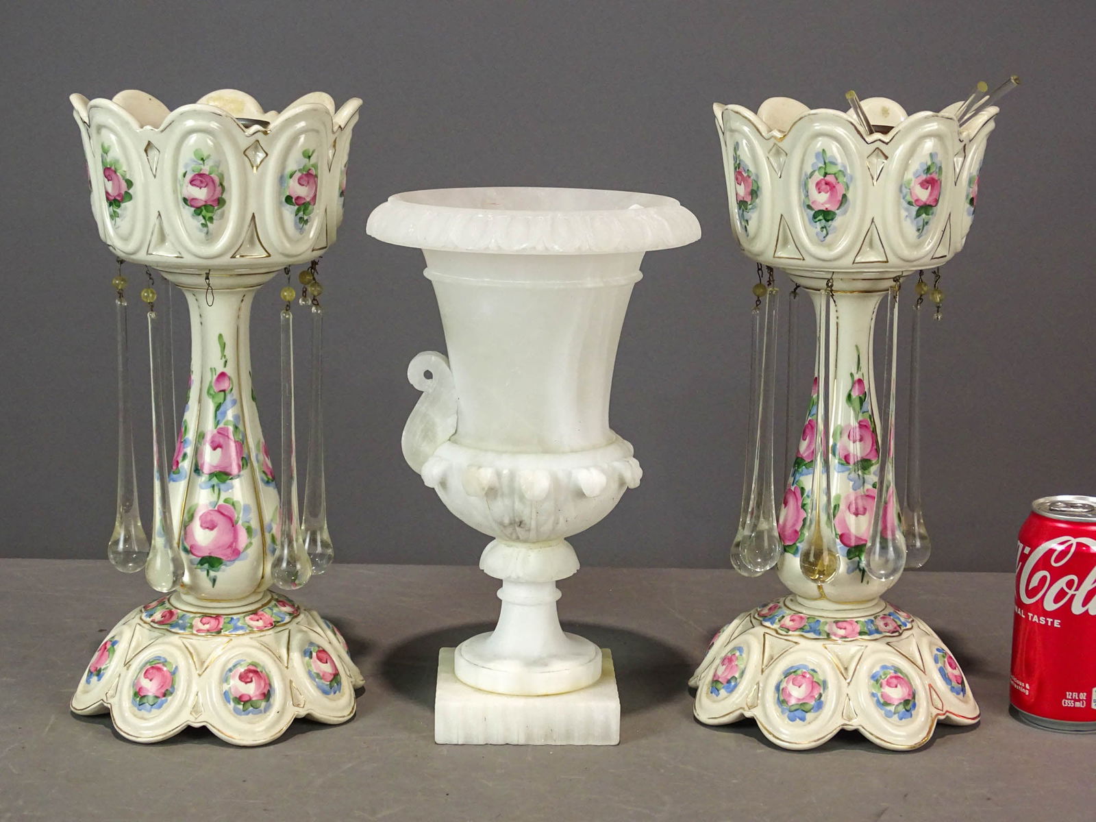 Misc. Lot: Pair of Girandole style candle lamps, porcelain, missing some prisms, 13 1/2". Onyx vase (handle detached), 11 1/2"