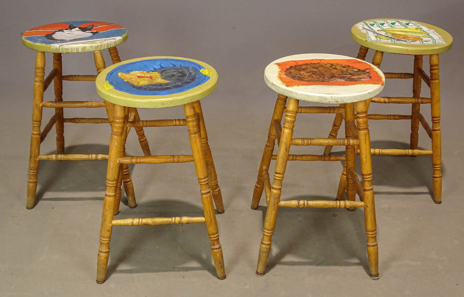 Painted Stool Set: (4) Stools with painted, decorated subjects. 24" x 14"