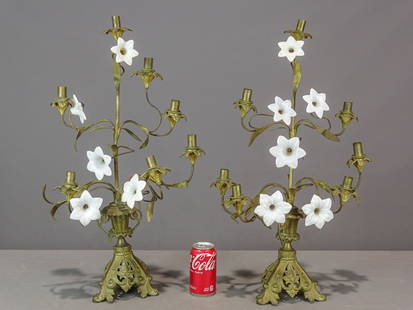Candlestick Pair: Pair of glass flowers and metal 7-candle candlesticks. 26" Ht.