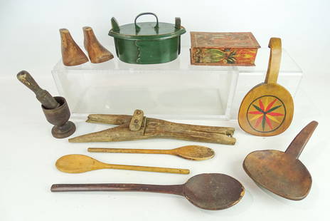 Misc. Lot: Misc. lot including: Wooden bootjack (17" L.), bentwood box in green paint (8" L.), wooden shoes, treenware cup, wooden spoons (longest 15" L.), paint decorated segmented box (6" L.) etc..