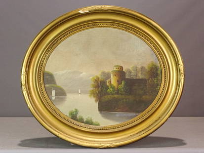 Painting: 19th Hudson River School Landscape: Painting: 19th c. Hudson River School oval landscape. Oil on canvas mounted to panel. 20 1/2" x 24 1/2", overall 28" x 32".