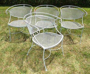 Outdoor Chairs: Set of (4) gray wire mesh chairs. 16" seat Ht..