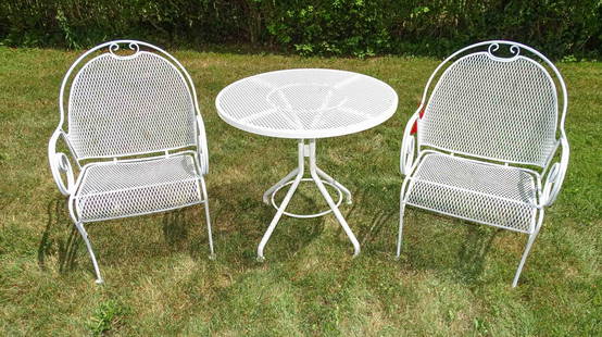 Patio Set: Three piece white mesh patio set. Two chairs and round table (30" D., 28 1/2" Ht.).