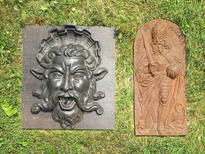 Cast Iron Wall Plaques: Lot (2) cast iron wall plaques including: Relief of Charlemagne (18" x 8"), Neptune wall fountain (16 1/2" x 15").