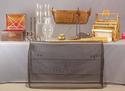 Misc. Lot: Early wrought iron andirons, fire place screen (49 x 31"), (3) hurricane glass shades, brass fire starter, bellows, fire place broom, iron tongs, wooden box, loom, basket. 13 pieces
