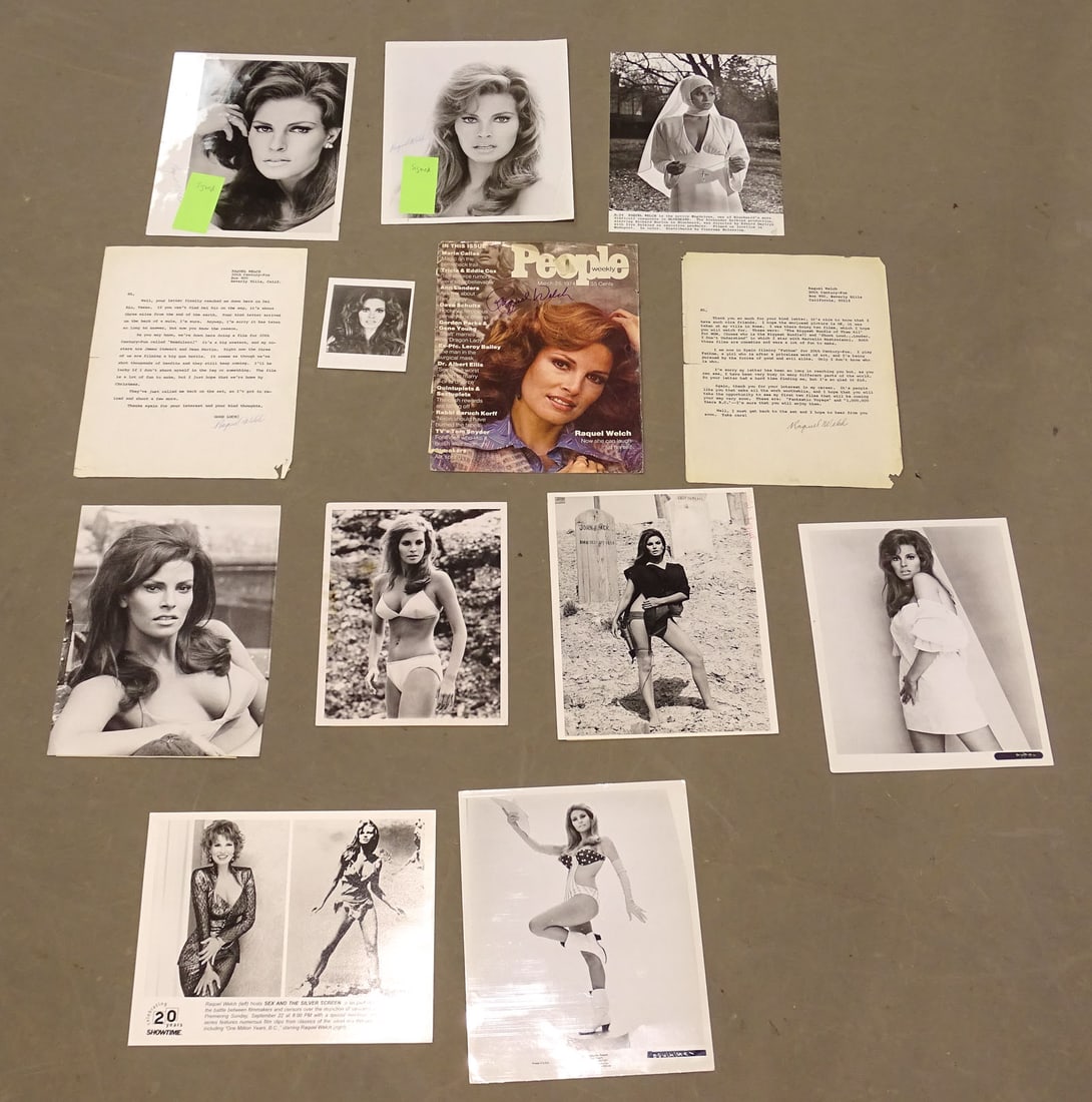Raquel Welch Press Photographs Lot: Numerous vintage press photos of Raquel Welch. Some with original text sheets, some stamped verso. 2 photographs are signed. Also with signed cover of People Magazine, and two signed fan transmittal l