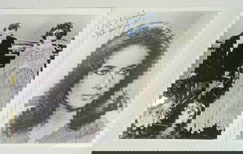 Liz Taylor Press Photographs: Signed press photo of Elizabeth Taylor. Together with press photo with 1972 original text sheet, Liz Taylor and Richard Burton arriving by airplane in mink coats with dogs.