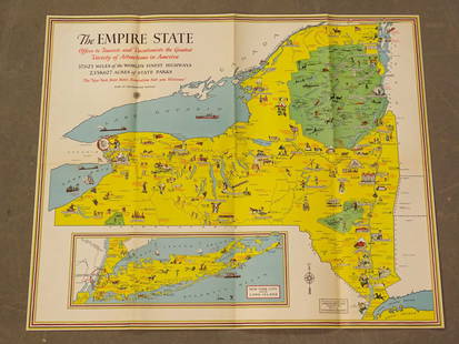 New York Pictorial Map: The Empire State. Pictorial Map of New York State. Inset map of New York City and Long Island. Vintage, 1932. Folds as issued to form pamphlet.
