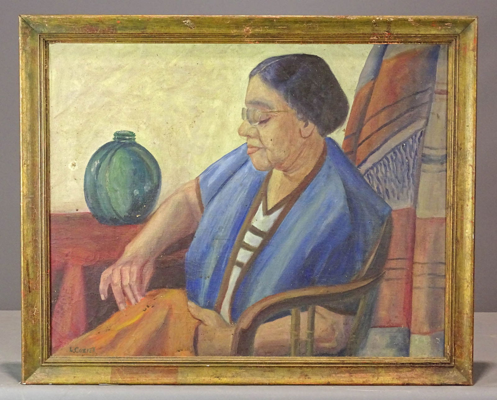 L Cozier (20th Century): Painting: L. Cozier (20th Century), woman doing needlepoint. Oil on canvas. Has hole in canvas. 23 1/2" x 29", overall 25 1/2" x 32 1/2".