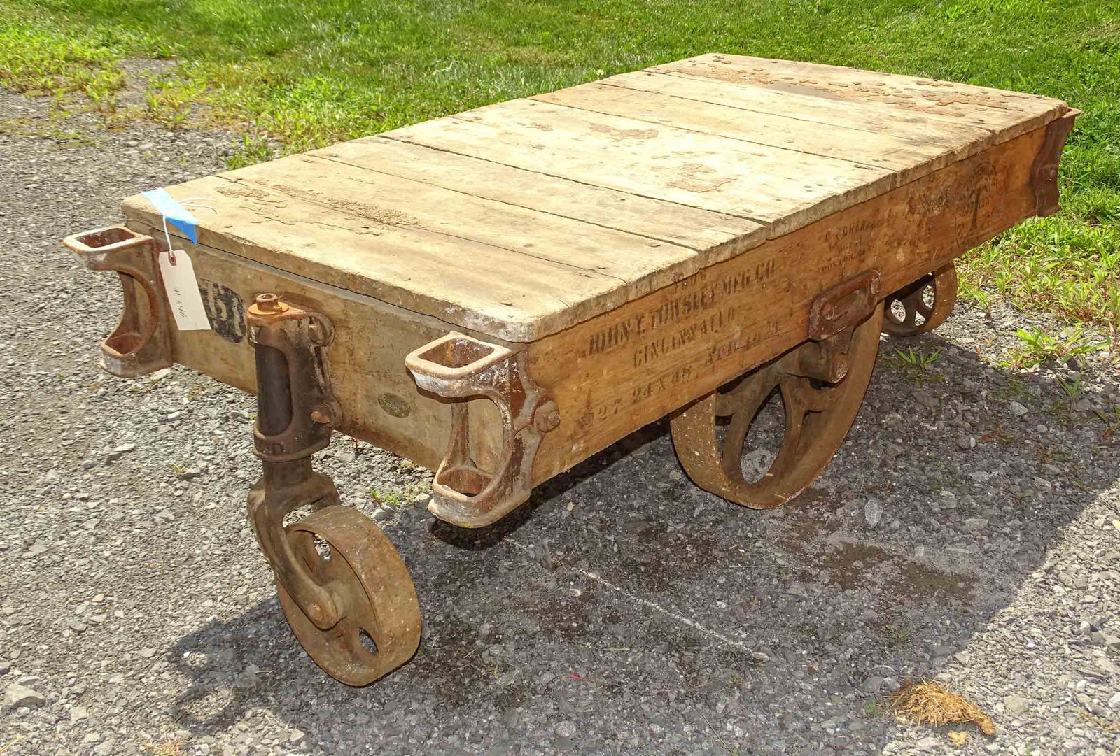 Factory Cart: Factory cart. Marked John T. Towsley, MF. CO., Cincinatti OH., Facheney Agent Boston Ma. Apri 1923 Towsley Quality. 24" x 54" x 17 1/2" Ht..