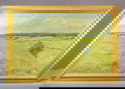 Pastoral Painting: Oil on canvas painting, pastoral landscape. Illegible signature. Frame 30" X 44"