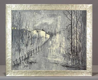 Abstract Painting: Oil on canvas painting, Winter landscape. Signed Yorgo, France
