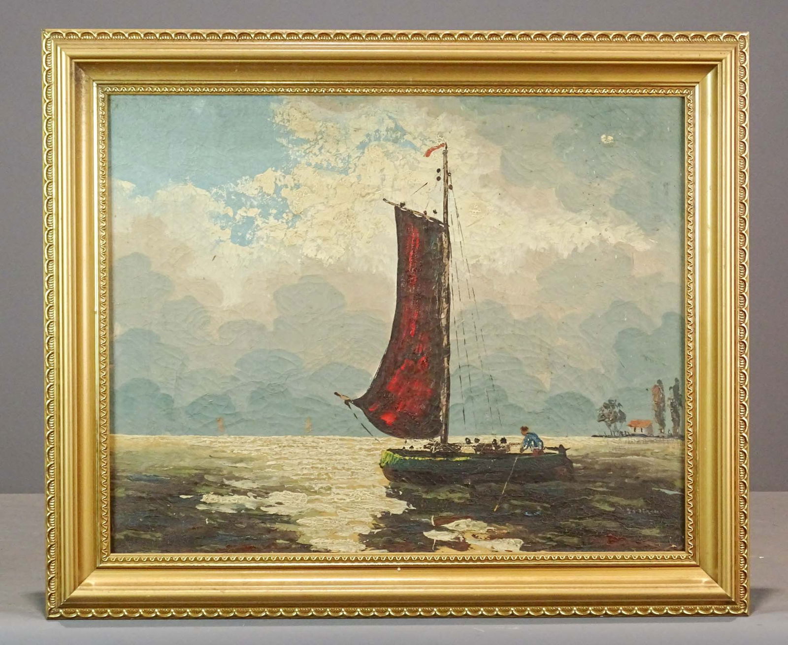 W. Jones Fishermen Boat Harbor Oil Painting