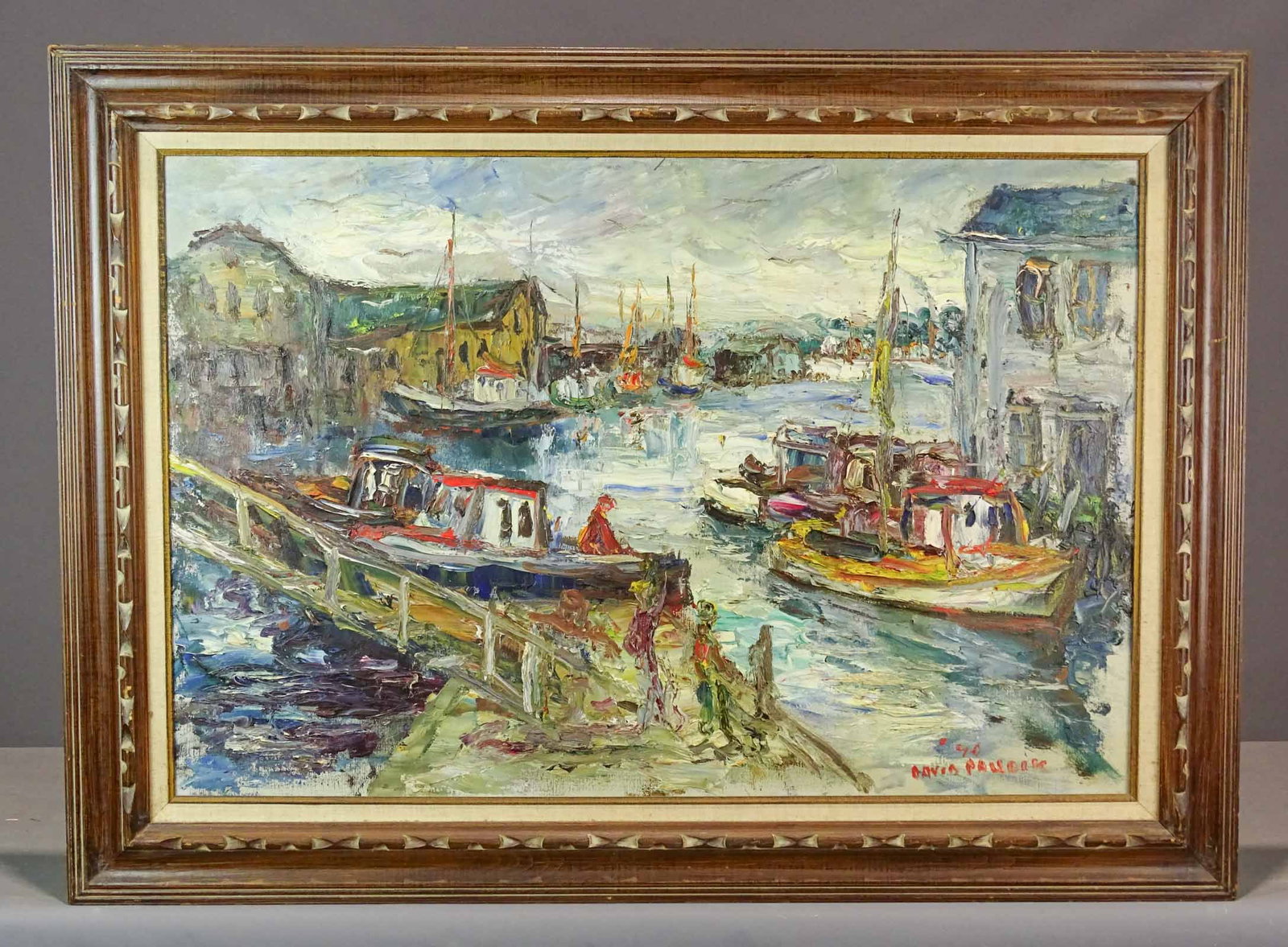Painting: D. Paucik: Painting: Oil on canvas signed "David Paucik". New England Harborscape. Frame overall 32" x 43 1/2".