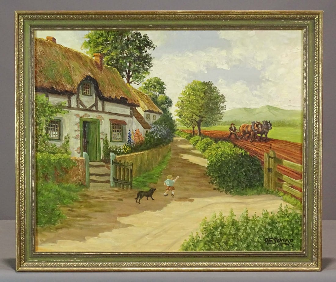 Painting: Farmscape: Painting: Farmscape with boy and dog (man working in background). Oil on panel. Signed LRC "….Schelip". Overall in frame 23" x 27".