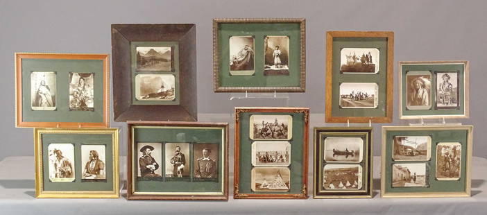 Early Photograph Lot: Collection of 10 framed American Indian subjects including General Custer with his brother, mostly cabinet cards. Photographers include Curtis, E.S. Byron, Rinehart, J. Anderson, R. Reed, D. Barry, an