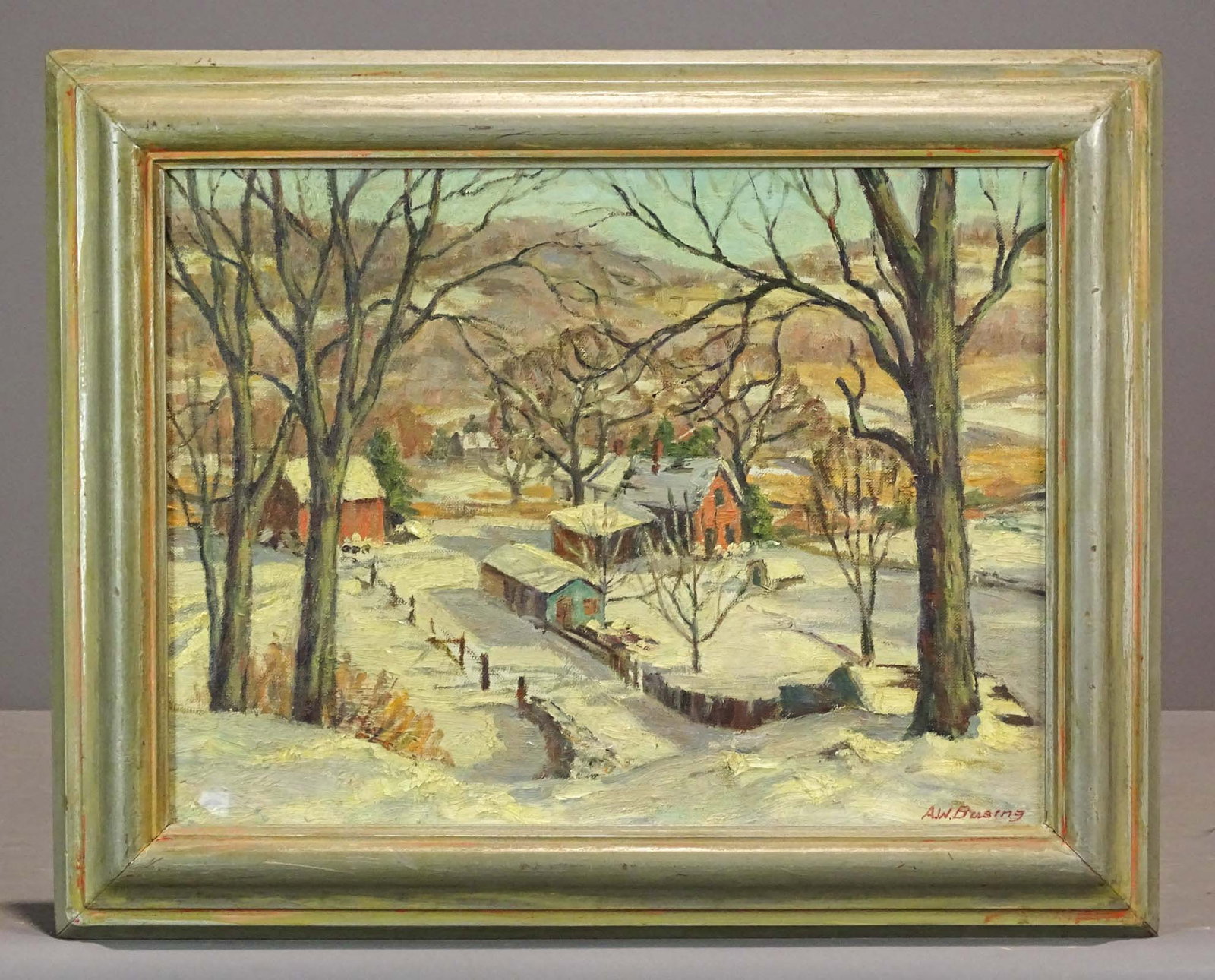 AW Busing Landscape: Oil on canvas winter landscape, signed "AW Busing" Alice Wilmarth Thompson Busing. Frame 16" x 19 1/2"