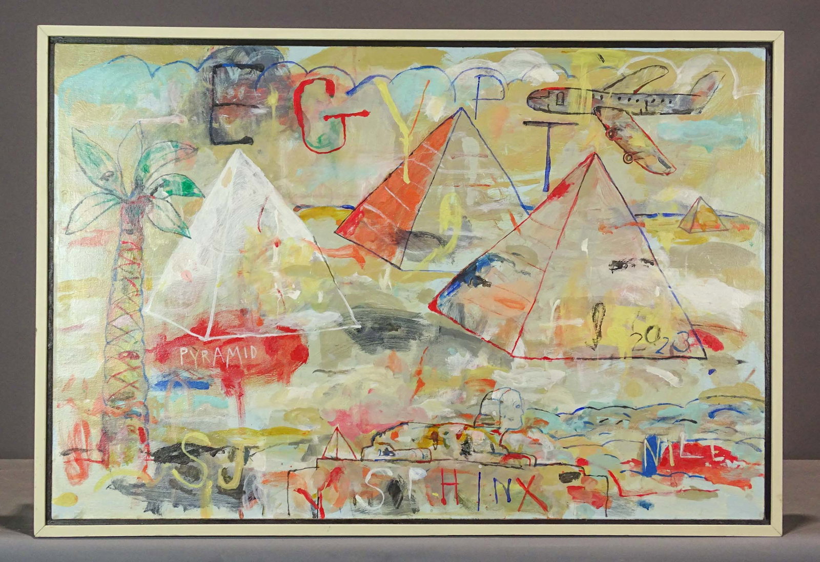 Abstract Painting: Abstract, oil on canvas, "Egypt", Signed "S. Jennis" Steve Jennis. Frame 25 1/2" x 37 1/2"