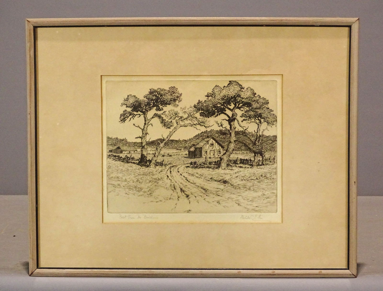 Framed Etching: Melville T. Wire etching "Back From the Beach". Frame 14 3/4" x 18 3/4"