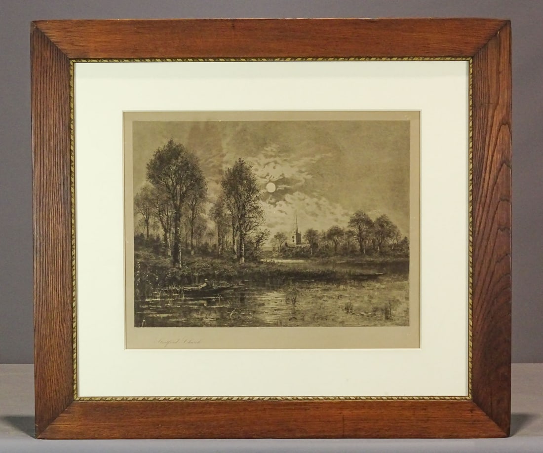 Framed Etching: Etching by Camille Fonce "Stratford Church". Frame 29 1/2" x 33 1/2"