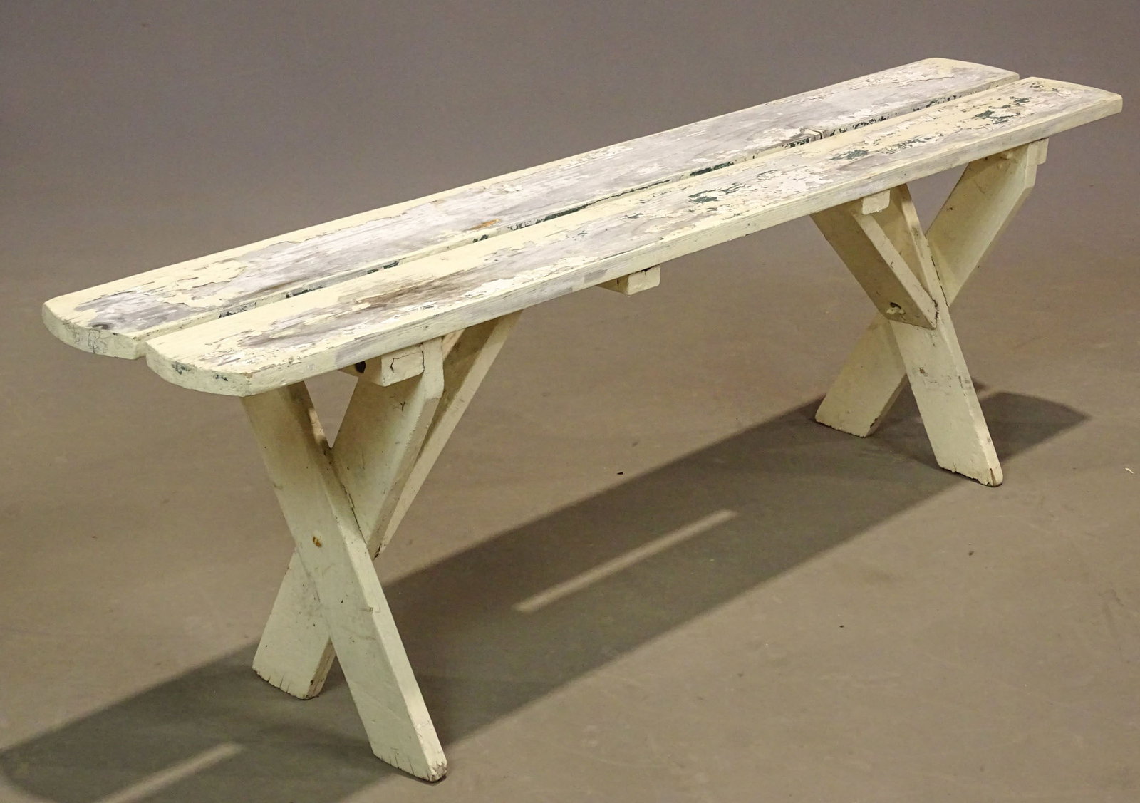 Sawbuck Bench: Sawbuck bench. 47 1/2" x 9 1/4", 15" Ht.