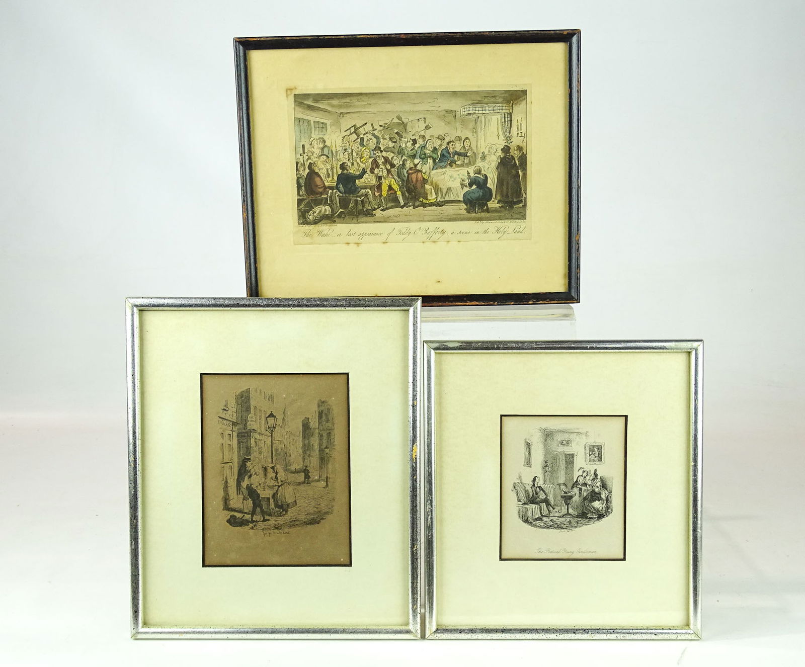 English Print Lot: (3) English prints: George Cruikshank "The Streets" (Frame 10 1/2" x 9"), Cartoon (Frame 10 1/2" x 9"), Irish Wake (Frame 10 3/4" x 8 1/2")