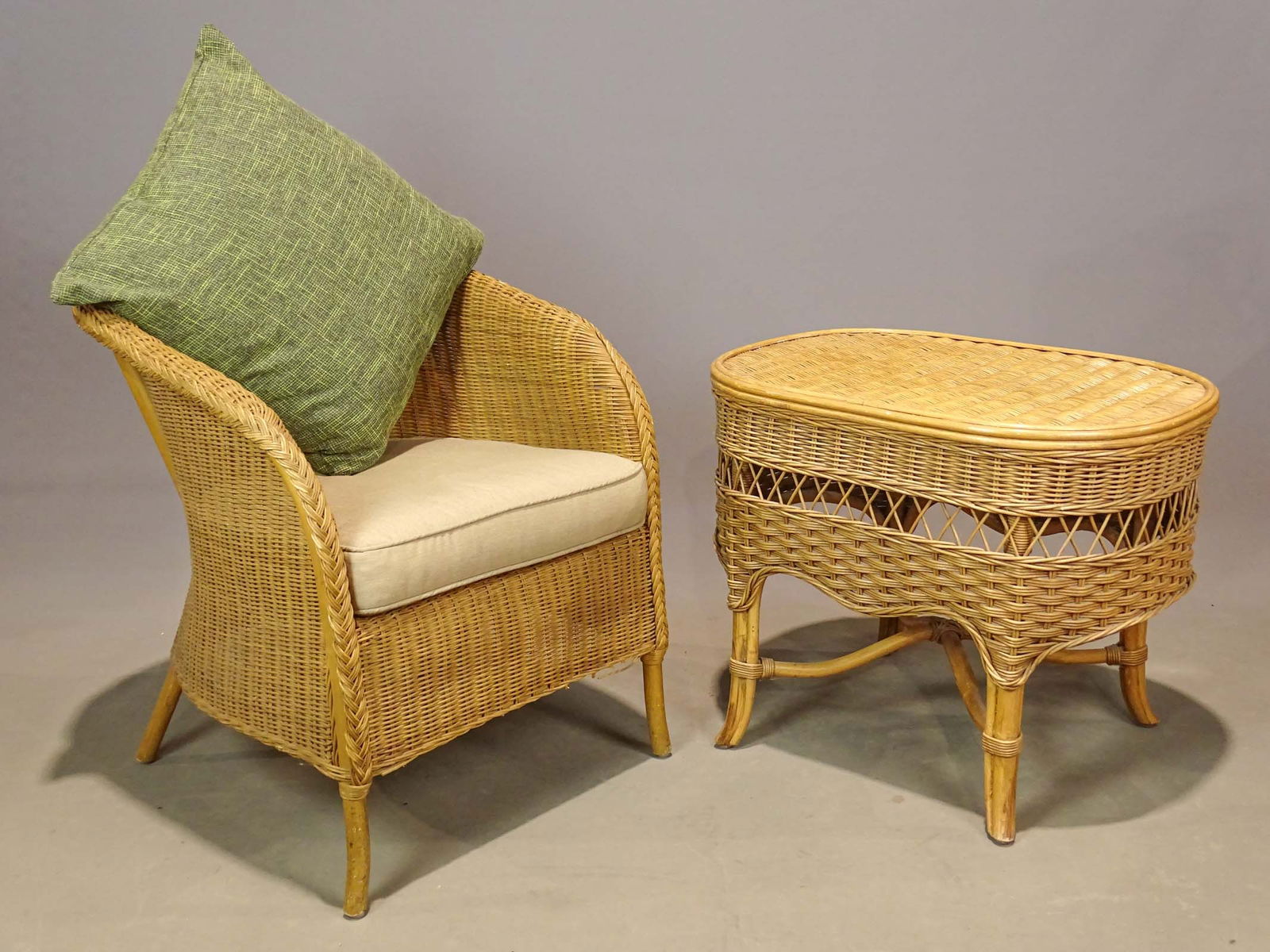 Wicker Armchair with Table: Wicker armchair (28 1/2" Ht., 18" seat Ht.) with table (28" x 20", 22 1/2" Ht.)