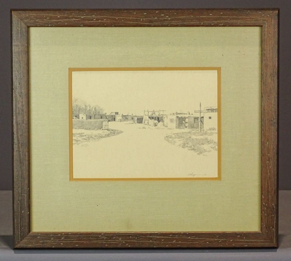 Original Southwest Drawing: Original Southwest drawing "Adobe Homes" (Thompson). Overall in frame 21" x 23".