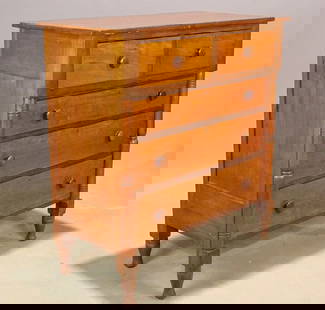 19th c. Chest of Drawers: C. 1850's chest of drawers on tall feet. 44" x 22" x 46 1/2" Ht..