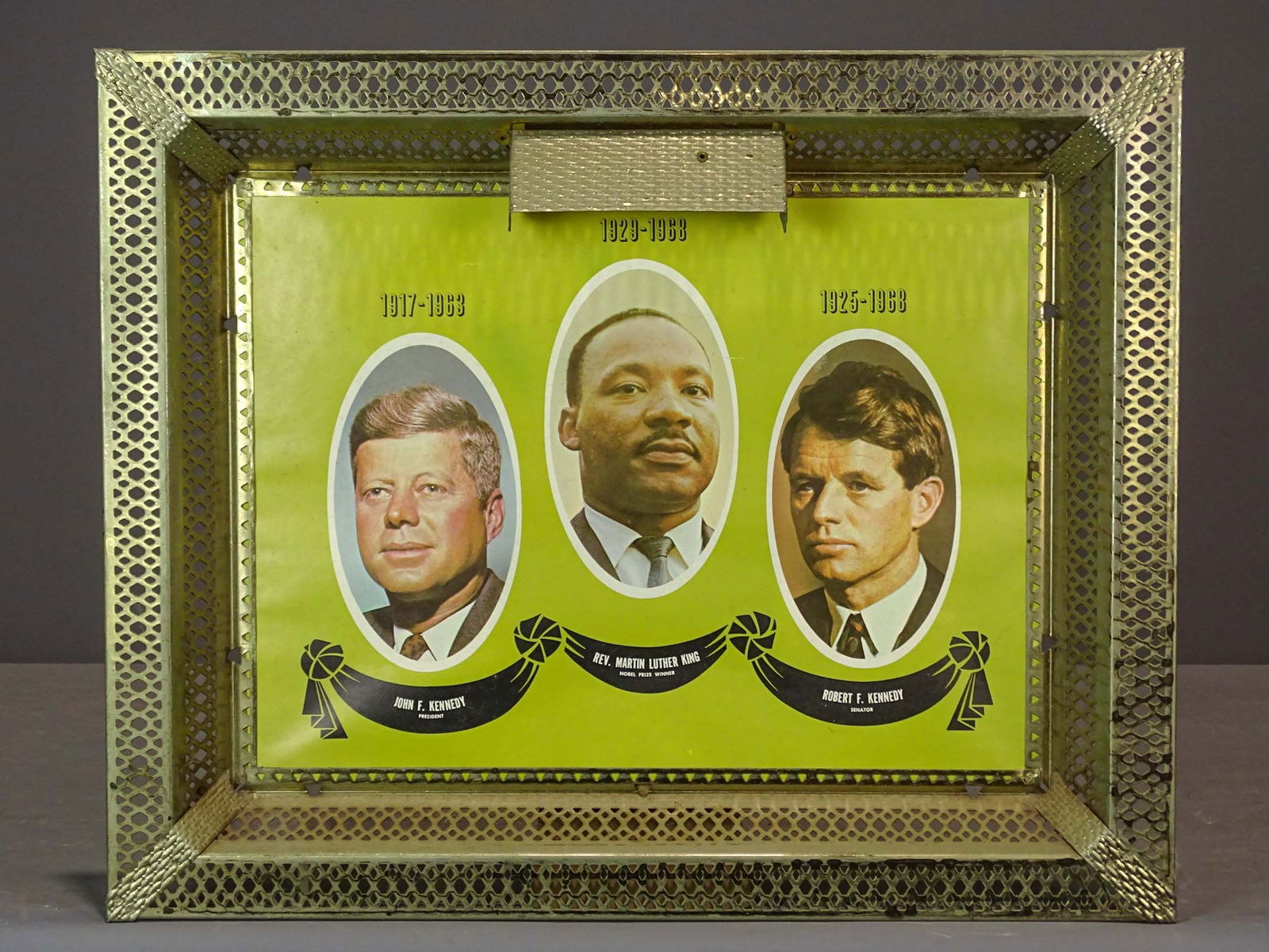 Vintage Kennedy / King Brass Frame: Vintage Kennedy / King brass frame with print. Overall 17" x 21".