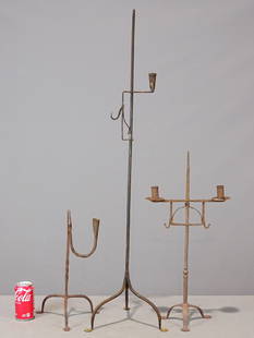 Metalware Lot: Lot including: Iron floor standard (41" Ht.), iron candlestick (23" Ht.), iron rush light (15" Ht.).