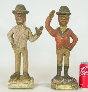 Two Folk Art Wooden Figures: Lot (2) polychrome painted wooden folk art figures. 15" and 16" Ht..