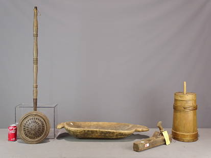 Woodenware Lot: Woodenware lot including: Wooden plane with Old Museum Village of Smiths Clove, Monroe N.Y. hang tag (15" L.), bedwarmer (43" L.), wooden bowl (31" x 11"), staved churn (19 1/2" Ht.).